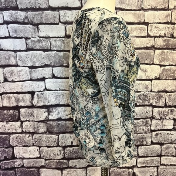 Chico's Ivory, Black & Blue V-Neck 3/4 Sleeve Blouse Size Medium - Picture 7 of 8